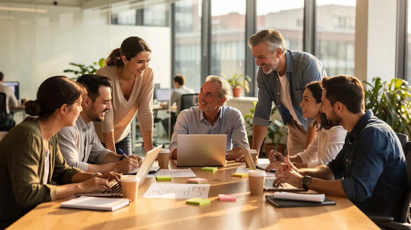 The image depicts a diverse group of coworkers engaged in collaboration around a large table, filled with coffee cups and notebooks, emphasizing teamwork and problem-solving in a technology company environment. This scene reflects the culture of innovation and strategy essential for both startups and established enterprises to achieve success.