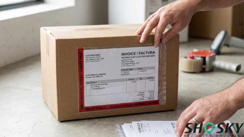 Worker placing an invoice slip into a clear adhesive document pouch