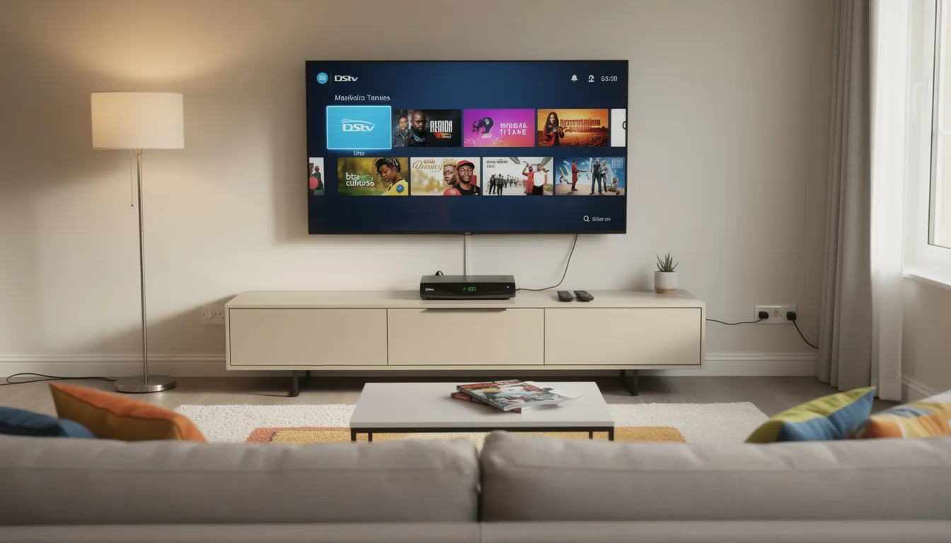 The image depicts a cozy living room featuring a mounted TV displaying DStv programming, with a neatly arranged decoder setup underneath. This inviting space showcases the convenience of professional DStv installation services, highlighting the importance of a well-installed DStv system for optimal entertainment.
