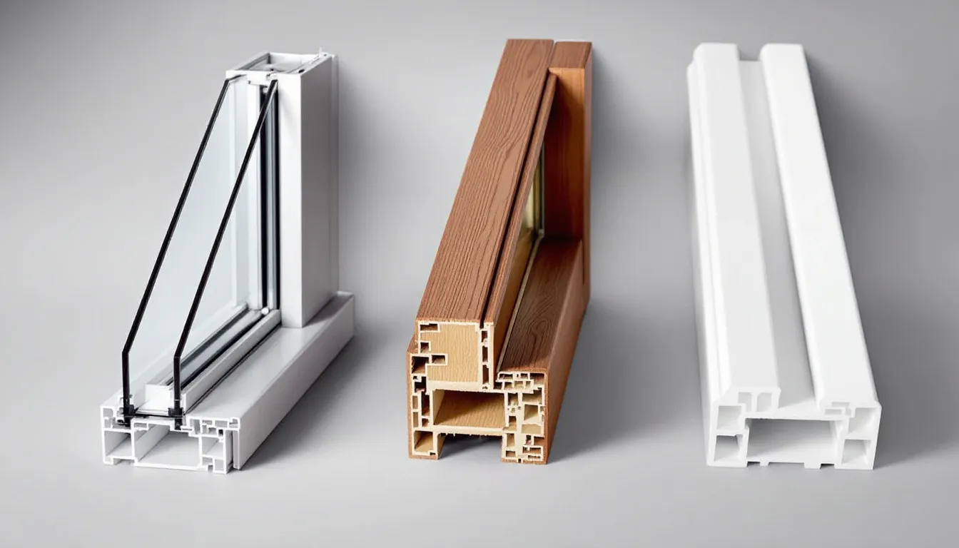 De afbeelding toont een verscheidenheid aan raamprofielen, waaronder aluminium, hout en PVC, naast elkaar. Deze hoogwaardige producten zijn ontworpen voor optimale thermische isolatie en energie-efficiëntie, wat bijdraagt aan de duurzaamheid en functionaliteit van ramen en deuren in de bouwsector.
