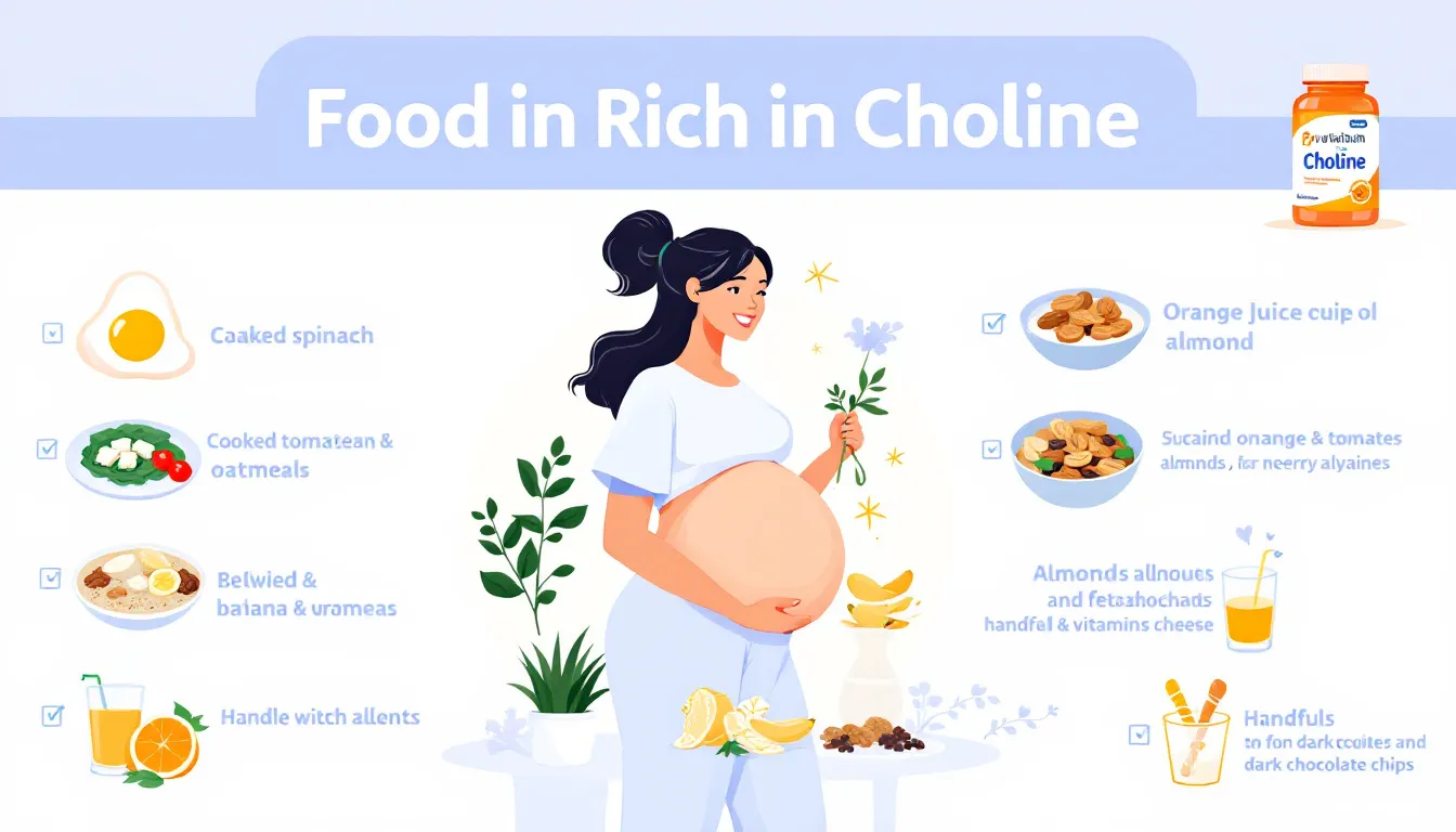 A checklist of tips on how to increase choline intake during pregnancy, featuring foods and supplements.