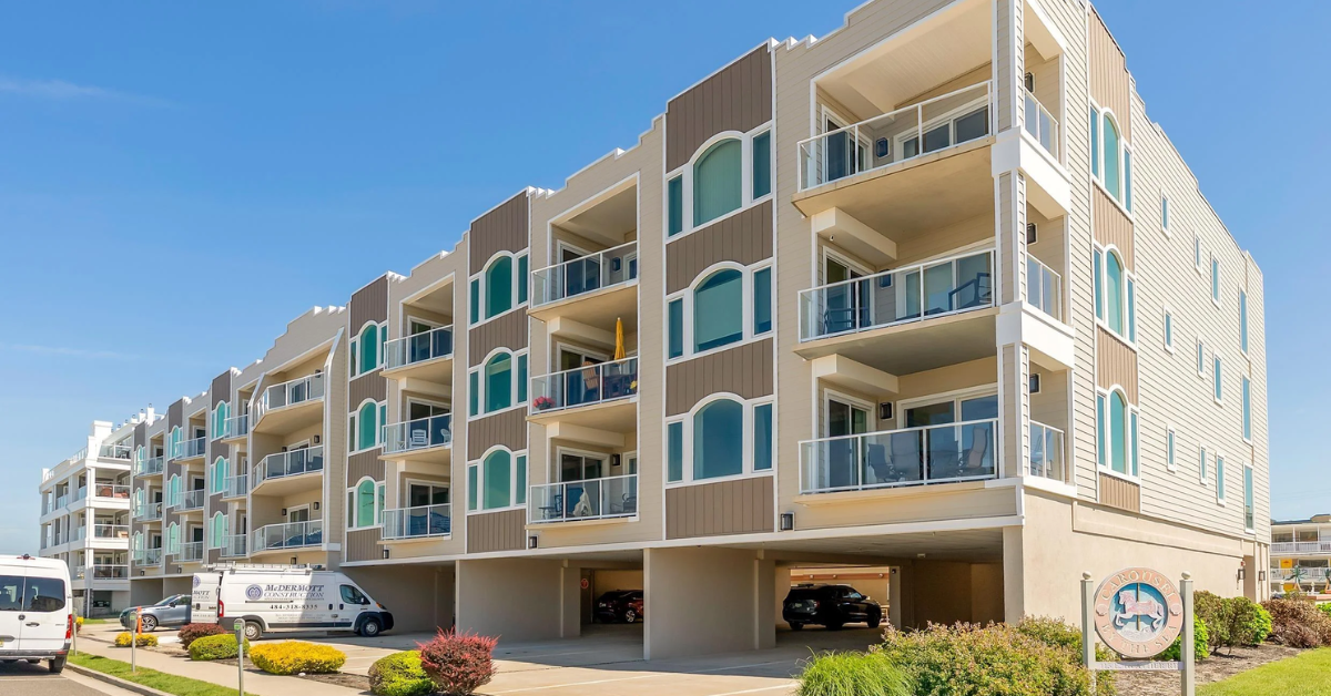 Carousel By the Sea condominiums in Wildwood Crest, NJ, featuring modern balconies, covered parking, and a beachside location.