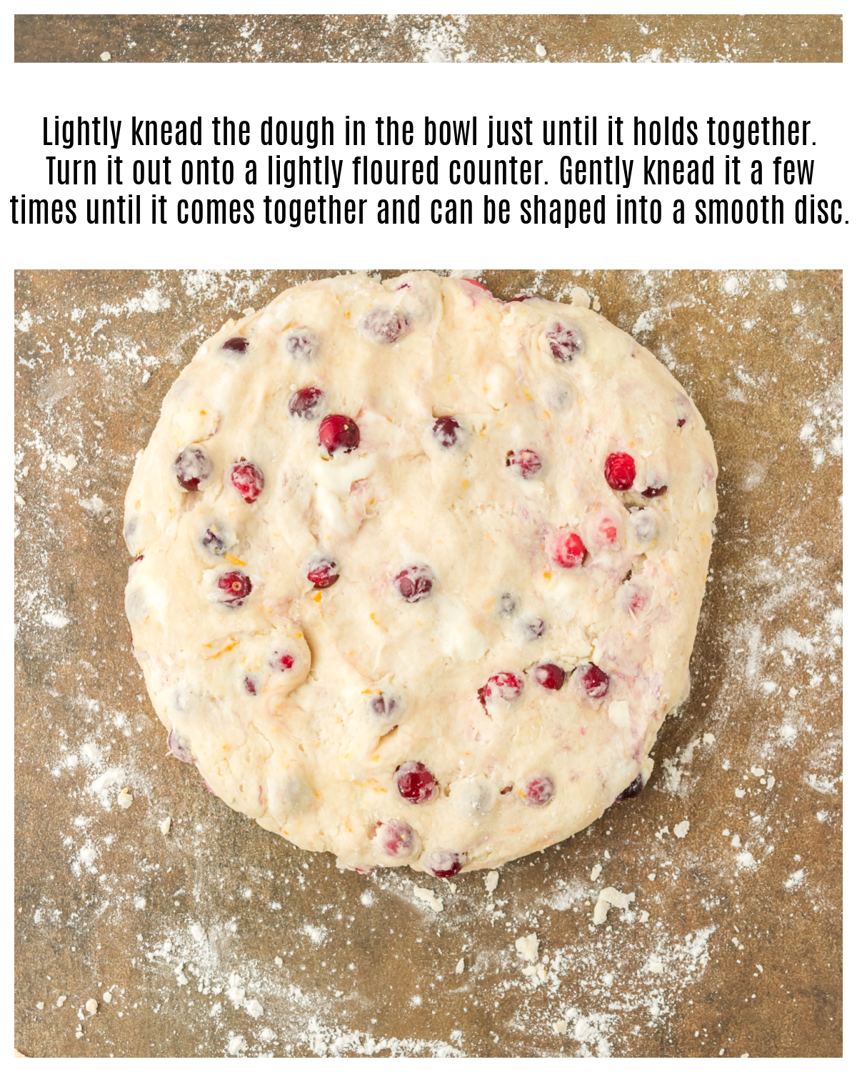 round disc of cranberry orange scone dough on a lightly floured surface