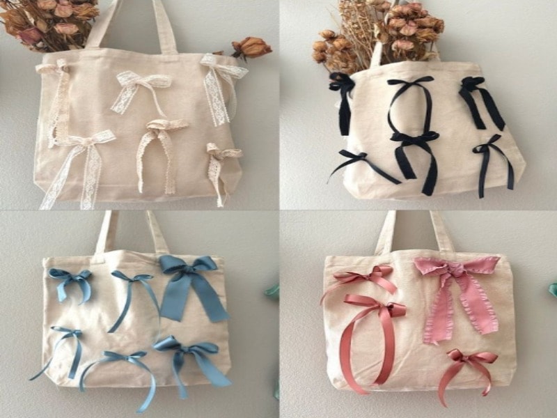 Lace and ribbon work on customized tote bags