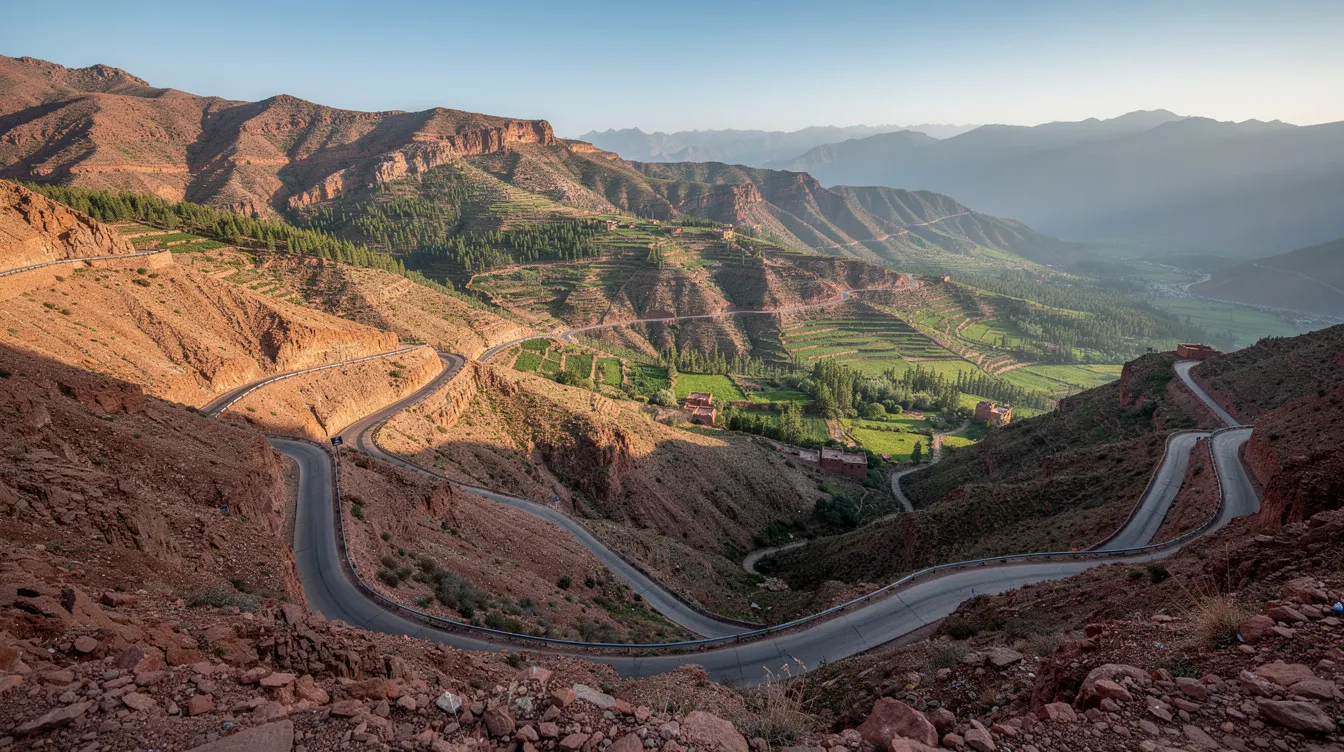 A winding mountain road through the Atlas above green valleys.