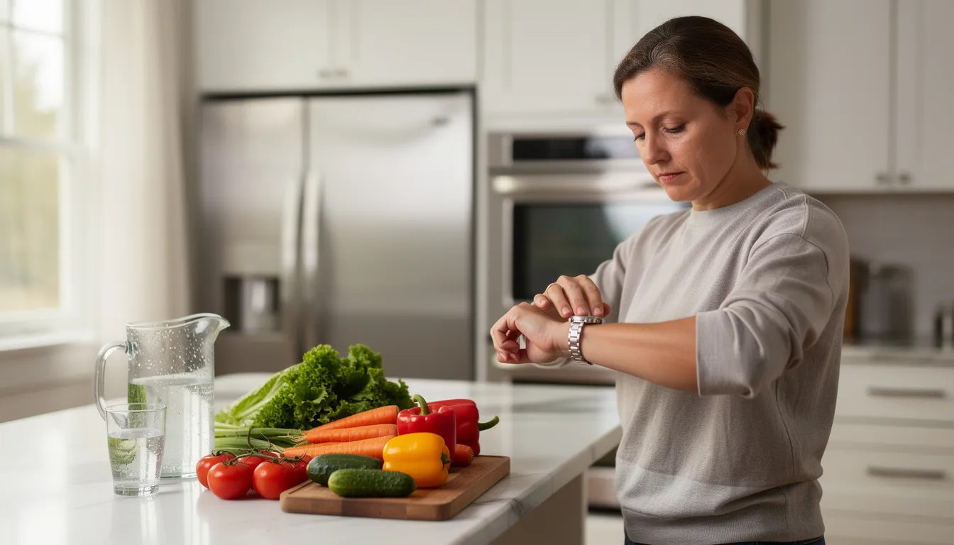 A person is checking their watch in a kitchen filled with fresh vegetables and a bottle of water in the background, suggesting a focus on health and nutrition. This scene reflects a lifestyle that may incorporate strategies like intermittent fasting and nmn supplementation to support metabolic health and promote healthy aging.