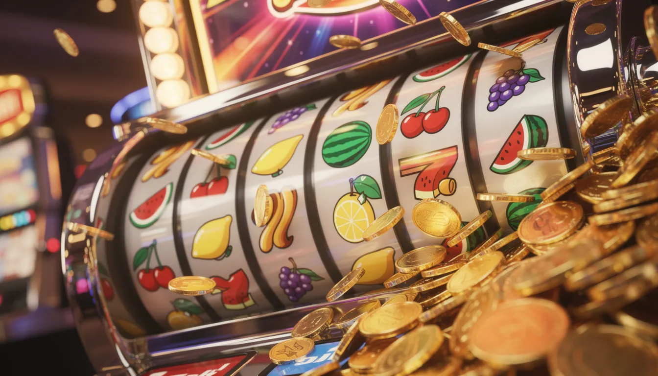En färgglad spelautomat med hjul prydda av fruktsymboler och guldmynt. Denna bild fångar den livliga atmosfären av en online casino-upplevelse, där spelare kan njuta av olika slots och ta del av jackpotjoy bonusar.