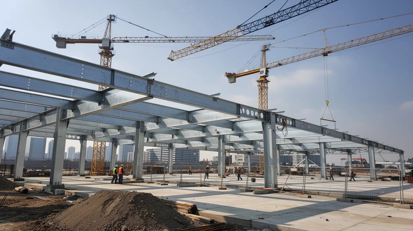The image depicts a large steel I-beam structure prominently positioned at a construction site, with cranes towering in the background. This scene highlights the use of hot rolled steel, showcasing the robust material properties essential for supporting significant loads in construction.