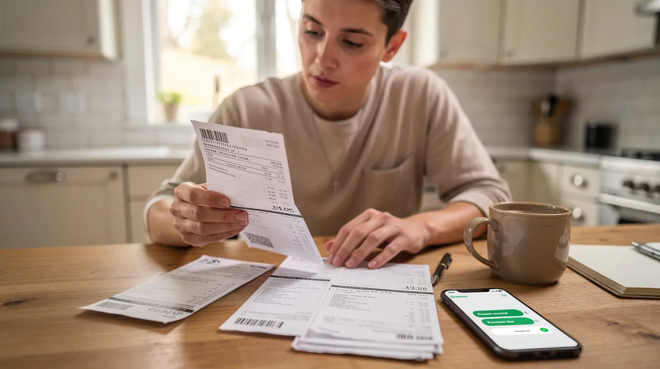 A person is sitting at a kitchen table, reviewing paper statements while their phone displays bank notifications related to their financial situation. The scene suggests a focus on managing debts and understanding personal finances, possibly involving 清 數 and repayment plans.