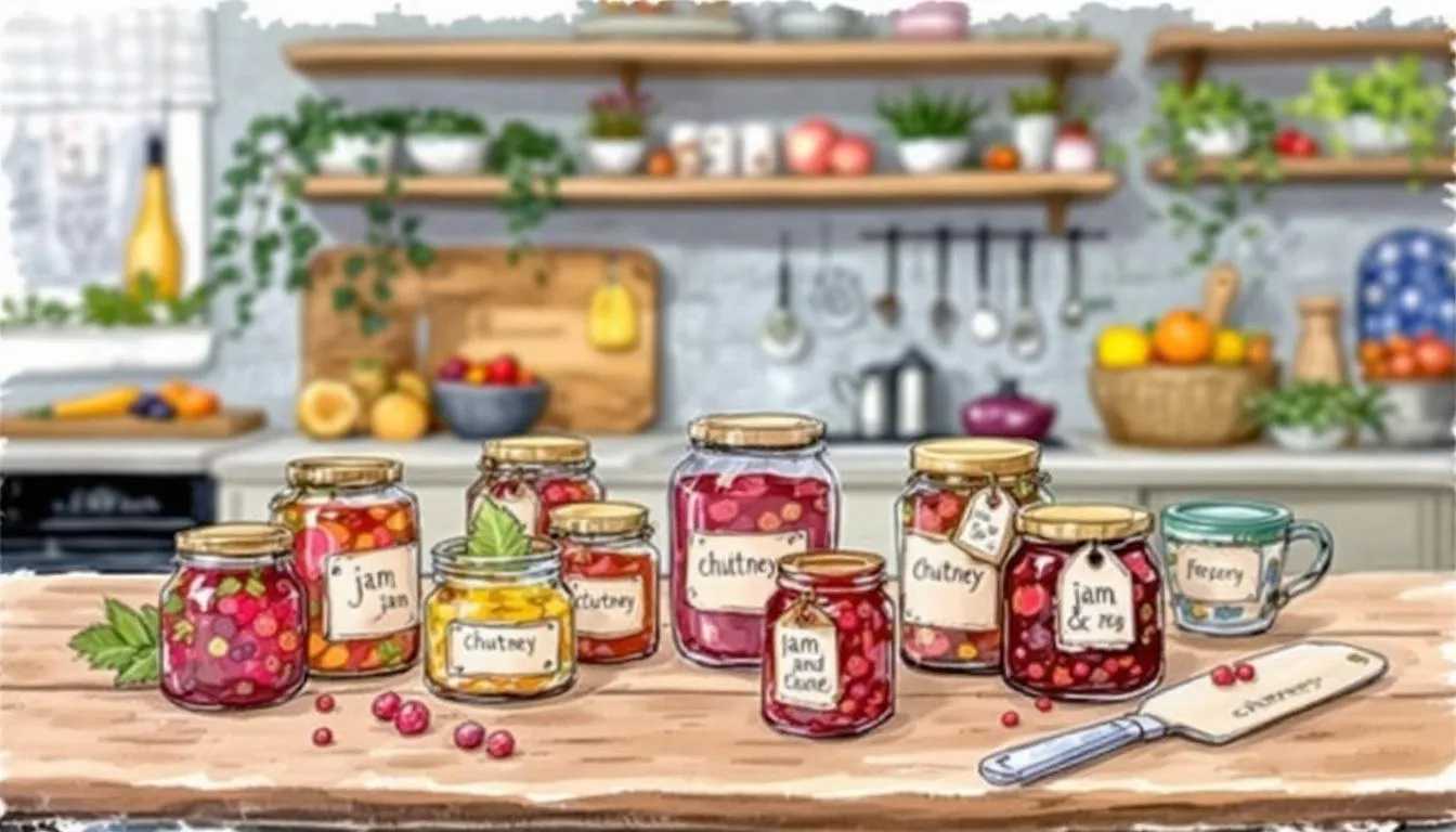 Homemade jam and chutney in glass jars, perfect for gifting and showcasing DIY creations.