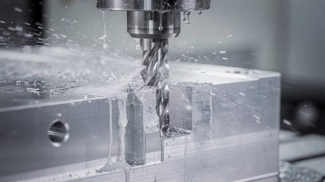 The image shows a close-up of a CNC milling machine actively cutting an aluminum workpiece, with coolant being sprayed onto the cutting tool to enhance the machining process. This setup highlights the precision and efficiency of CNC machining services in producing high-quality machined parts.