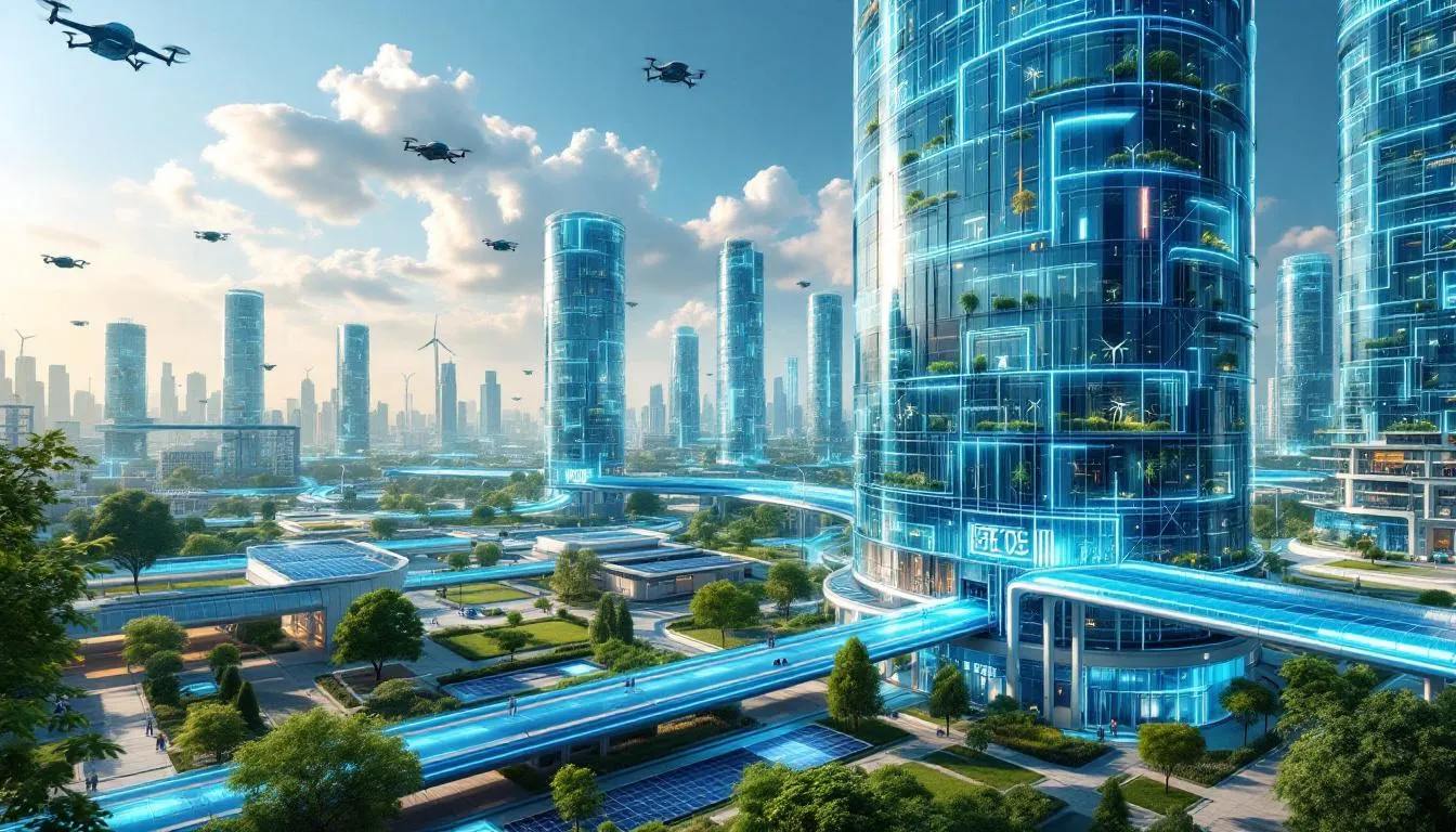 A conceptual image of future energy challenges faced by data centers, with visual elements representing energy resources and sustainability.