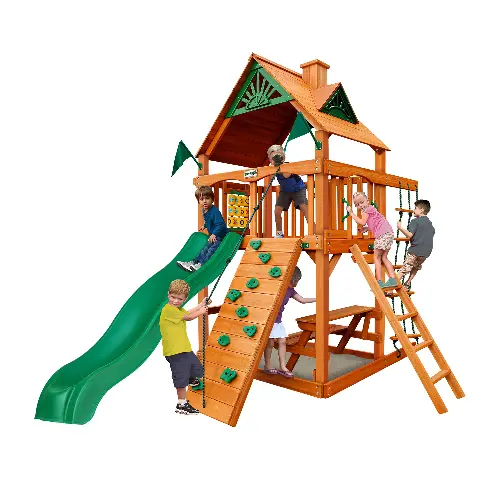 Gorilla swing set with rock wall, slide, and more