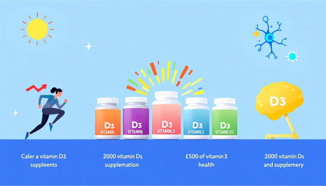 Top 5 Essential Vitamins for Nervous System Health 5 A selection of vitamin D3 supplements, crucial for neuroprotection and nerve health.