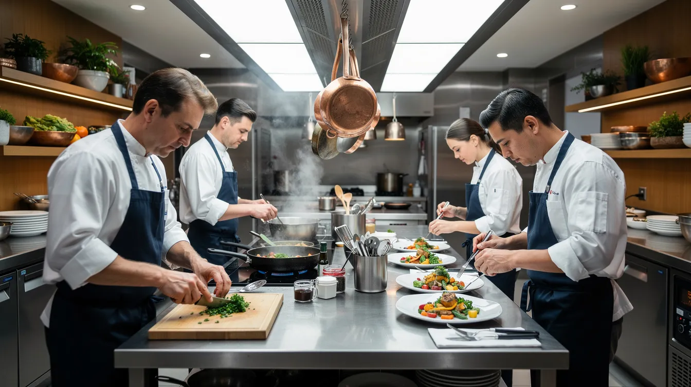 The image depicts a modern restaurant kitchen bustling with chefs collaborating to prepare various dishes, showcasing a vibrant atmosphere of teamwork and culinary creativity. This setting reflects the operational control necessary for a successful business venture, aligning with the strong business plan required for an E2 visa application.