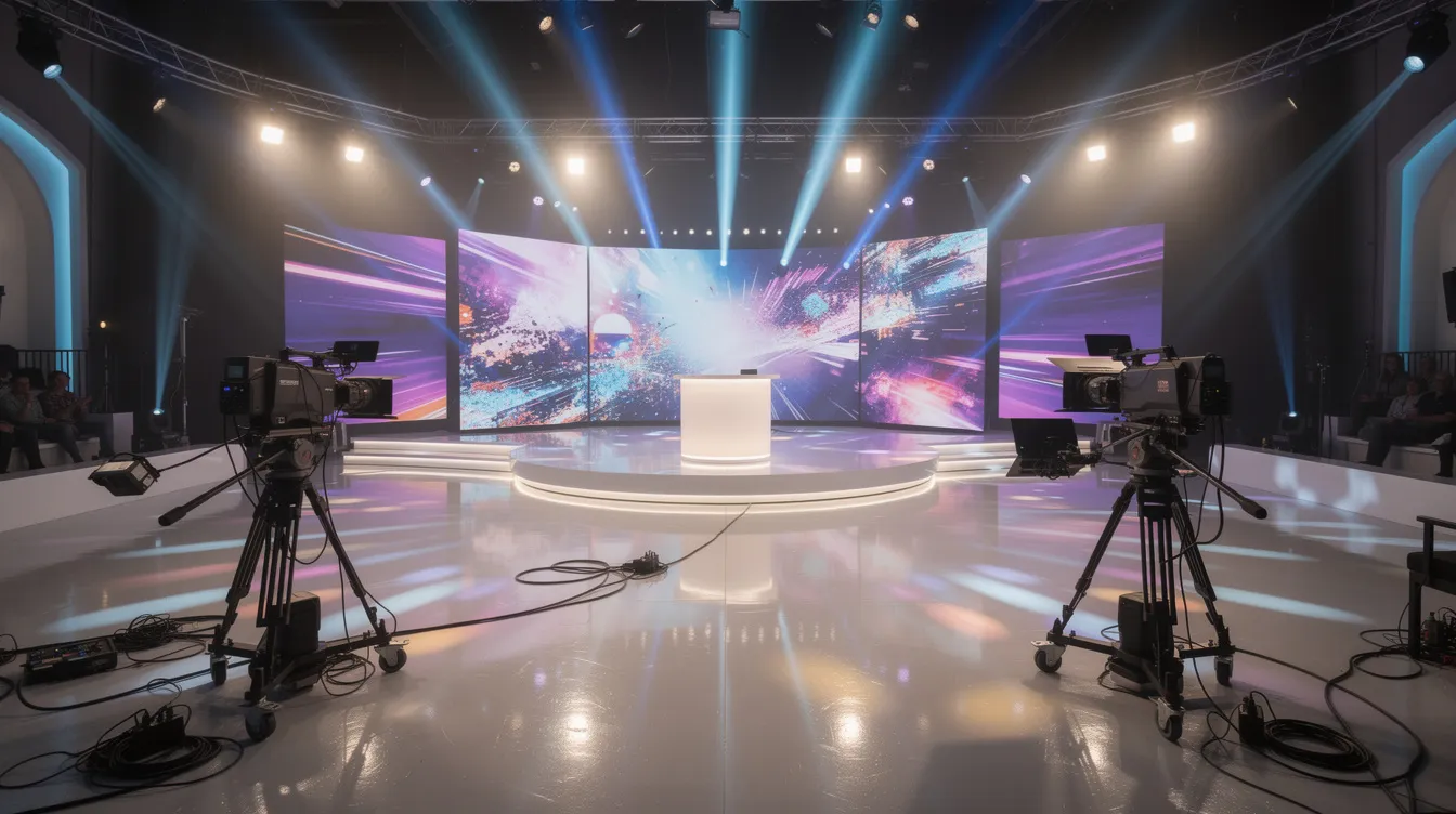 The image depicts a vibrant television studio stage set for a live entertainment show, featuring bright spotlights, cameras, and a presenter podium, ready for the exciting performances of professional dancers in the latest series of "Strictly Come Dancing." The atmosphere is electric, anticipating the viewer's votes and the judges' scores as the grand final approaches.