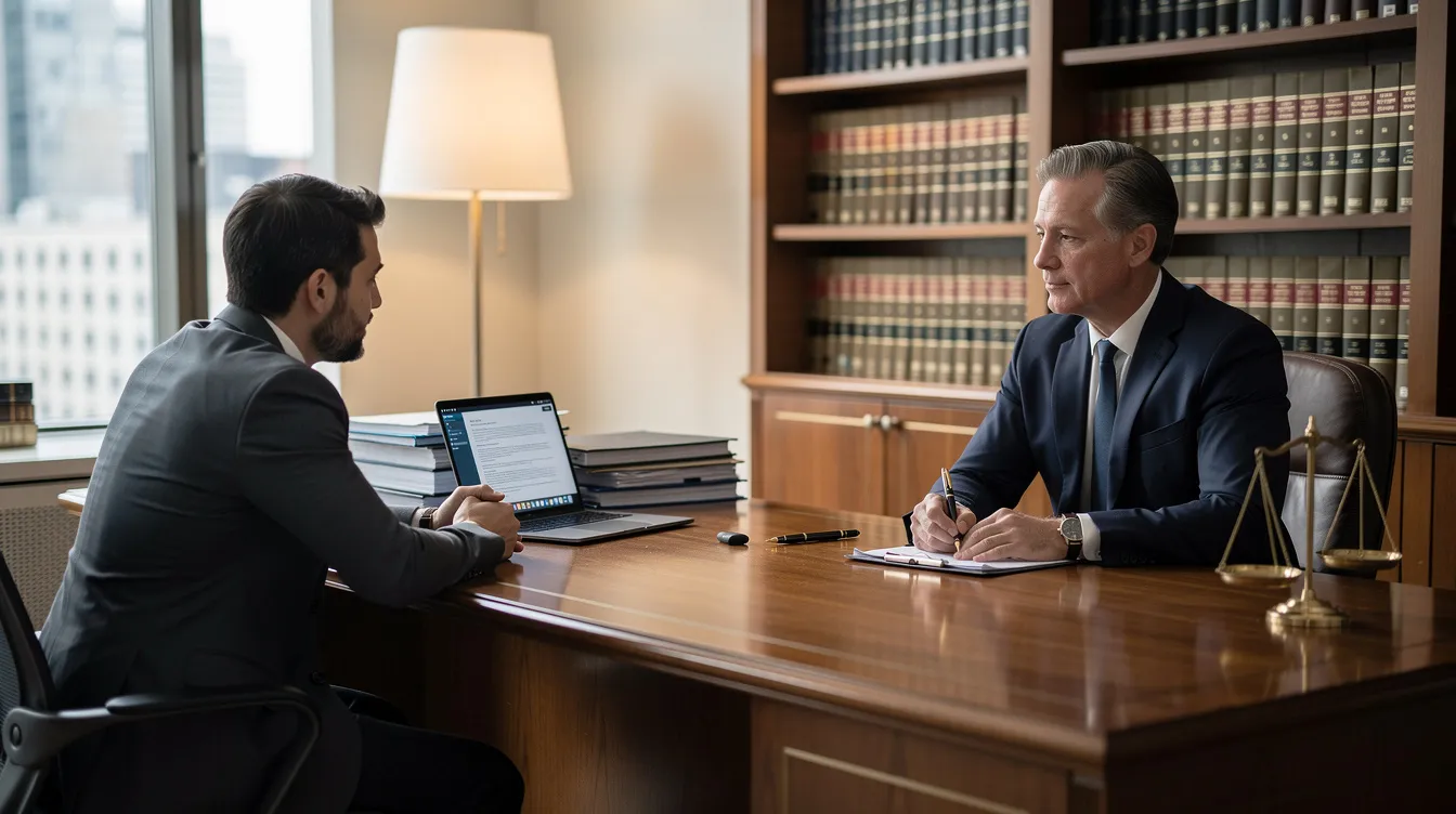 The image depicts a professional legal consultation setting, featuring a lawyer and a client discussing details related to a personal injury case, possibly involving catastrophic injuries from a car accident. The environment is formal, with legal documents on the table, emphasizing the importance of securing fair compensation for injury victims.