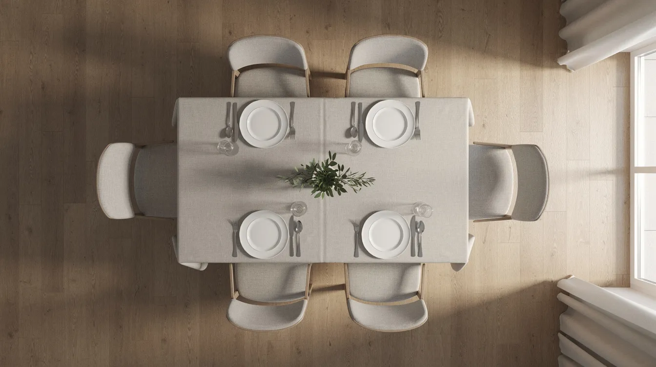 Een bovenaanzicht van een gedekte eettafel met zes stoelen eromheen, waarbij voldoende loopruimte is gelaten voor een comfortabele zithouding. De rechthoekige tafel is mooi ingericht, waardoor de ideale hoogte van de eettafel goed tot zijn recht komt.