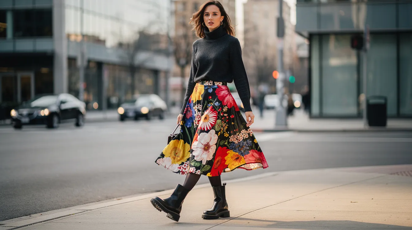 A woman stands on a city street wearing a bold floral midi skirt paired with a dark roll-neck sweater and stylish lug-sole boots, creating a chic and casual outfit perfect for the fall season. The vibrant colors and textures of her skirt contrast beautifully with the dark tones of her sweater and shoes, showcasing a versatile wardrobe choice.