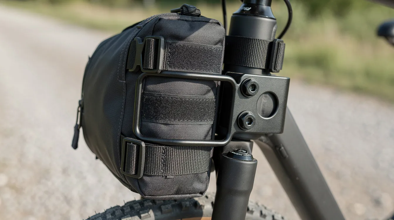 A close-up view of a fork bag attached to a gravel bike's front fork, showcasing the mounting hardware, straps, and details of the durable materials used. The image highlights the secure fork mounts and the bag's capacity for carrying gear during rides.