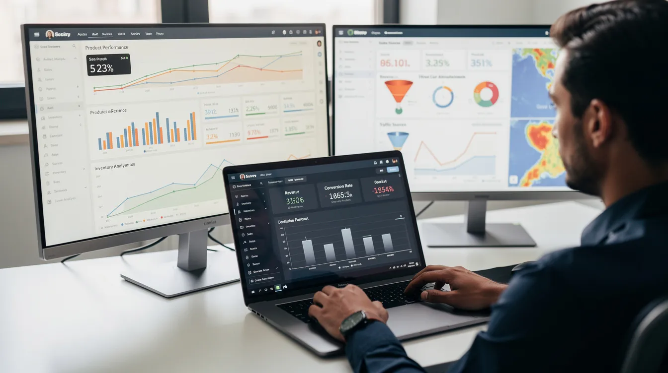 A person is focused on a laptop displaying an e-commerce analytics dashboard, surrounded by multiple screens showing key metrics related to their dropshipping business. The setup illustrates the use of effective marketing strategies, such as social media marketing and paid advertising, to drive traffic and enhance customer satisfaction.