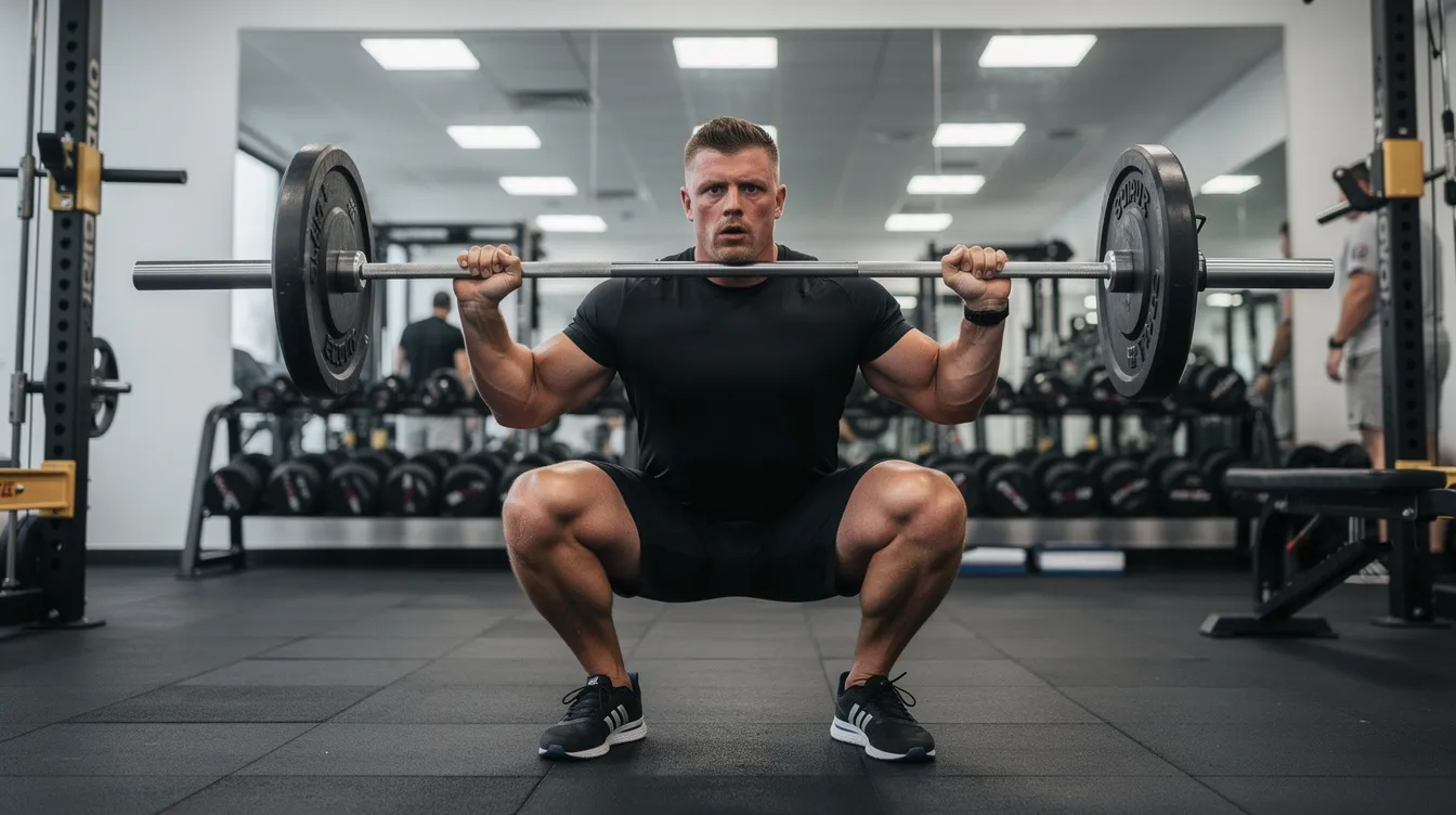 A man is focused on performing barbell squats in a well-lit gym, showcasing his athletic performance and dedication to fitness. This exercise can help increase testosterone levels and support overall health, making it an essential part of a balanced workout routine.