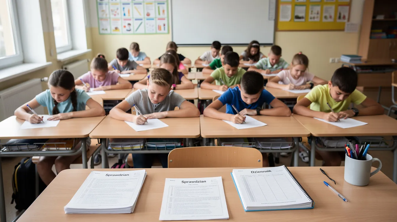 Na obrazie widać uczniów szkoły podstawowej w klasie, którzy piszą sprawdzian z historii klasa 5 na kartkach papieru. Perspektywa jest z punktu widzenia nauczyciela stojącego przy biurku, co pozwala zobaczyć skupione twarze dzieci oraz ich zeszyty z tematami związanymi z pierwszymi cywilizacjami i społeczeństwem średniowiecza.