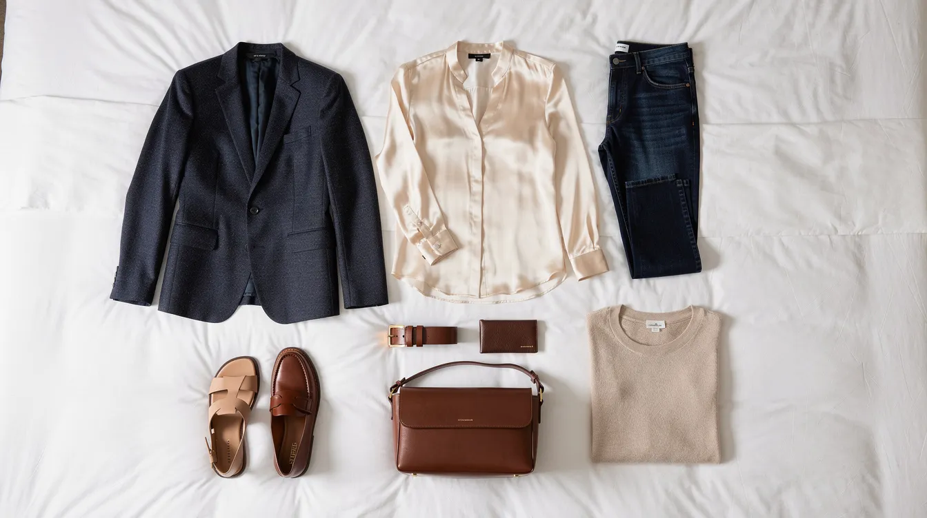 A flatlay photograph showcases ten neutral clothing items neatly arranged on white hotel bedding, featuring a navy blazer, cream blouse, dark jeans, and stylish leather accessories, perfect for a trip to Paris. This capsule wardrobe offers versatile outfit ideas for exploring the fashion capital while prioritizing comfort and style.