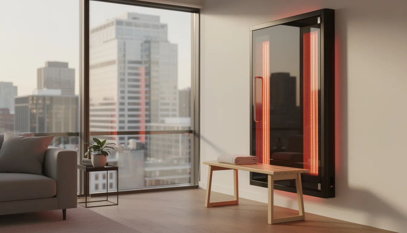 The image depicts a compact infrared panel sauna designed for an urban apartment, featuring clean lines and a sleek aesthetic. This indoor sauna maximizes available space while providing a luxurious home spa experience, emphasizing the health benefits of infrared heat in a modern setting.