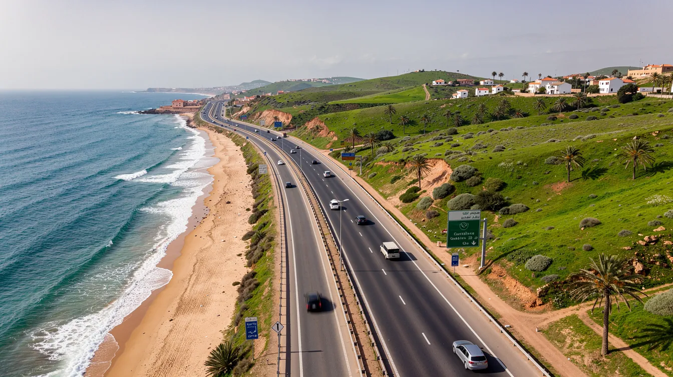 Une vue aérienne montre une autoroute marocaine qui serpente le long de la côte atlantique, entourée de collines verdoyantes. Cette image évoque le voyage et la liberté, idéale pour ceux qui envisagent de louer une voiture à l'aéroport Mohammed V de Casablanca pour explorer le royaume.