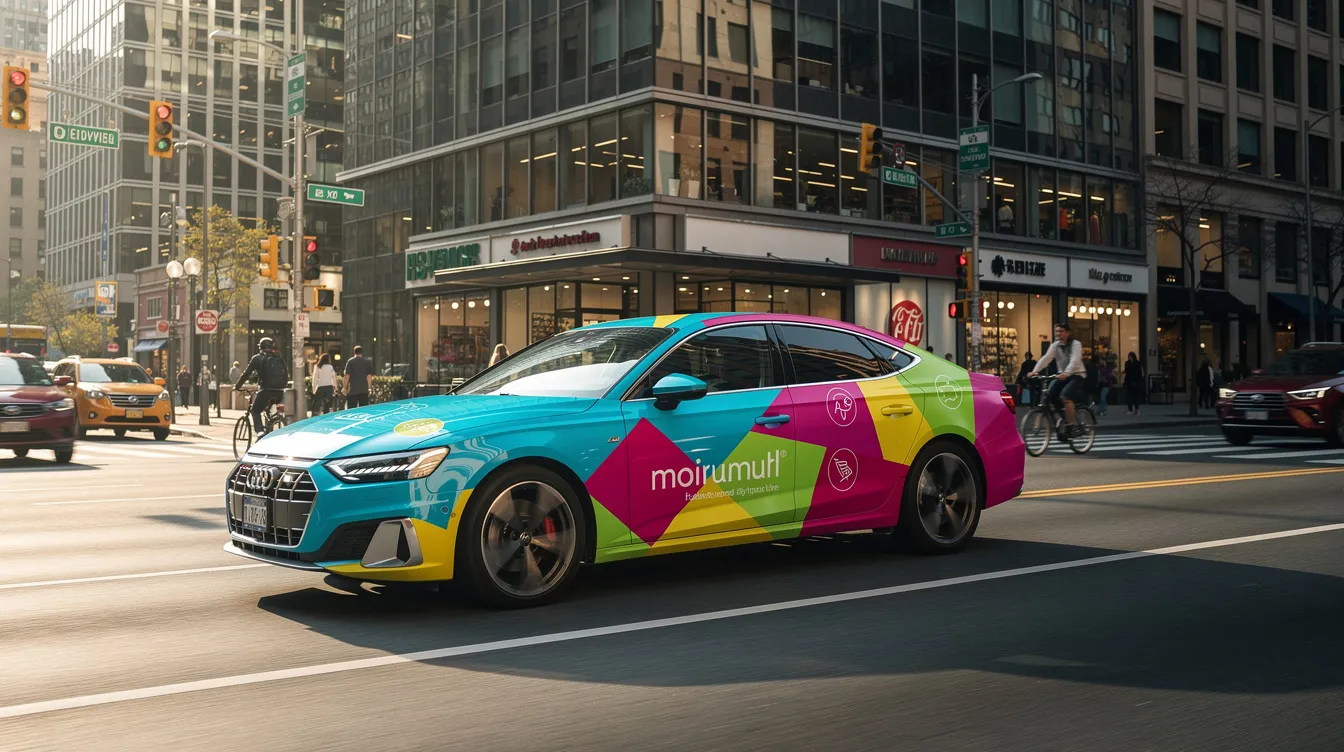 A vibrant car adorned with colorful advertising wraps speeds through a bustling urban street, capturing the attention of passersby. The advertisement promotes various online platforms and secret websites to make money, highlighting opportunities for earning passive income and completing online tasks.