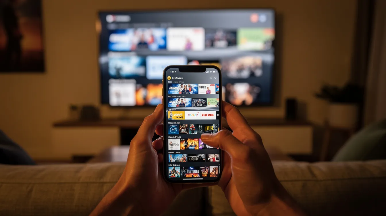 A person is holding a smartphone that displays a TV streaming app interface, while a large television is visible in the background, suggesting the use of an IPTV service for seamless streaming of live TV channels and entertainment. The scene highlights the convenience of watching premium IPTV content on both mobile and smart TV devices.