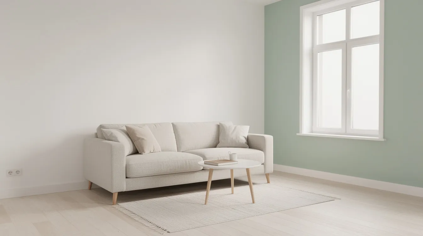 In einem hellen, kleinen Wohnraum mit weißen Wänden und hellem Holzboden steht ein beiges Sofa vor einer sanft grünen Akzentwand. Dieser gemütliche Raum bietet eine harmonische Atmosphäre, ideal für die Einrichtung einer 1-Zimmer-Wohnung.