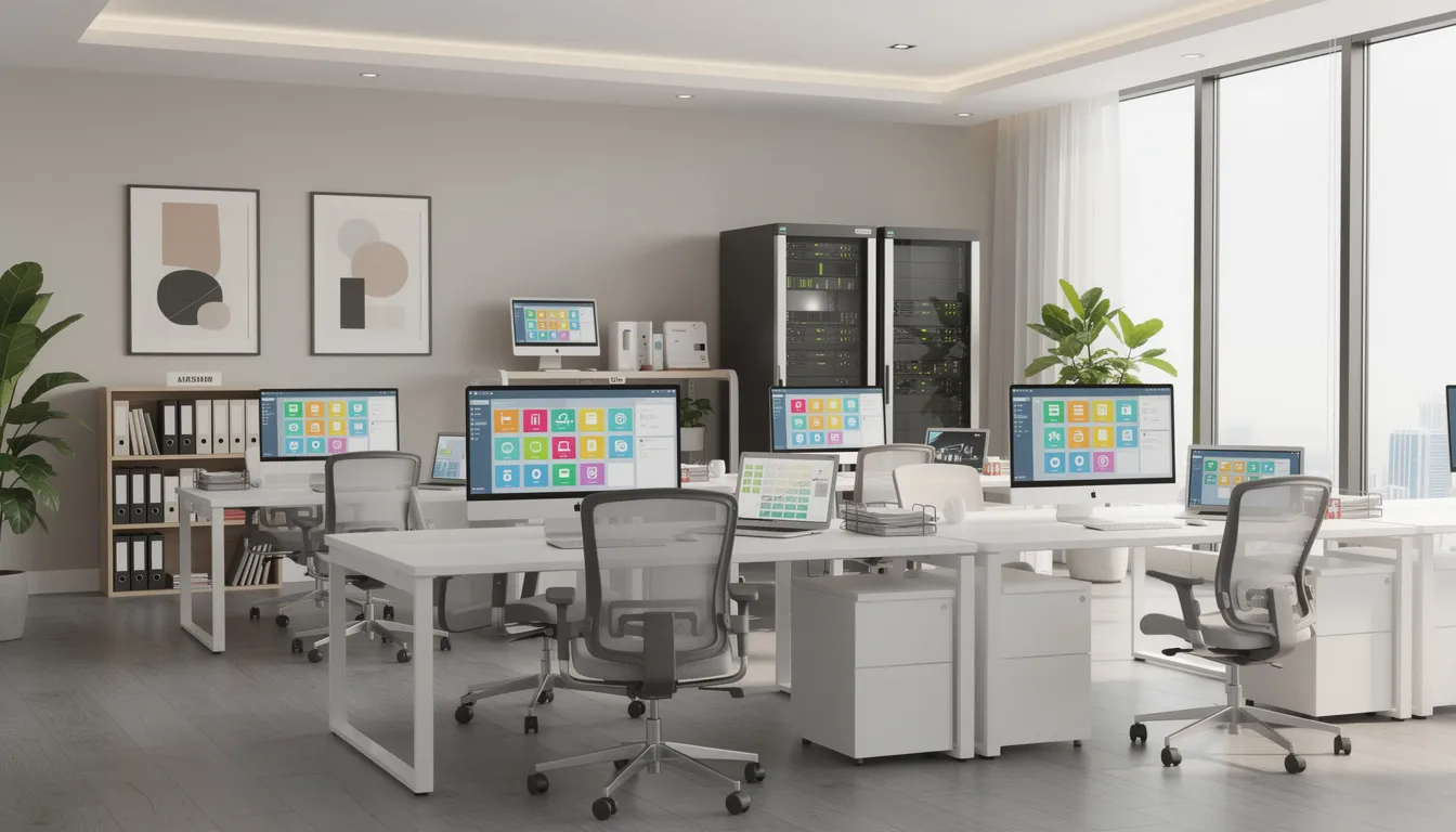The image depicts a modern office space featuring organized computer workstations and a digital filing system, ideal for small business owners. This efficient setup supports effective business tax planning strategies and helps maintain accurate records for managing taxable income and reducing tax liability.