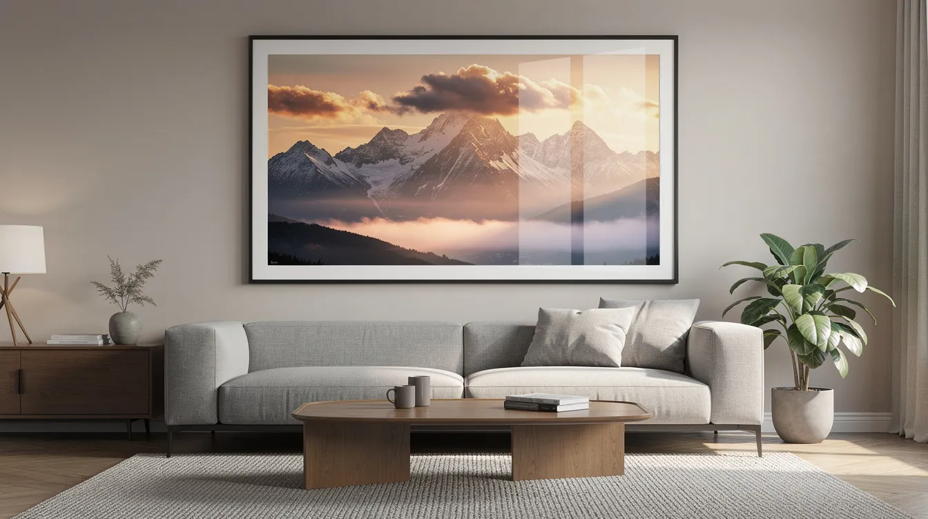 A large framed fine art print of a mountain sunrise is elegantly displayed on a modern living room wall above a stylish sofa, showcasing exceptional quality and vibrant colors that enhance the overall decor of the space. This high-quality photo print serves as a stunning focal point, inviting warmth and tranquility into the room.