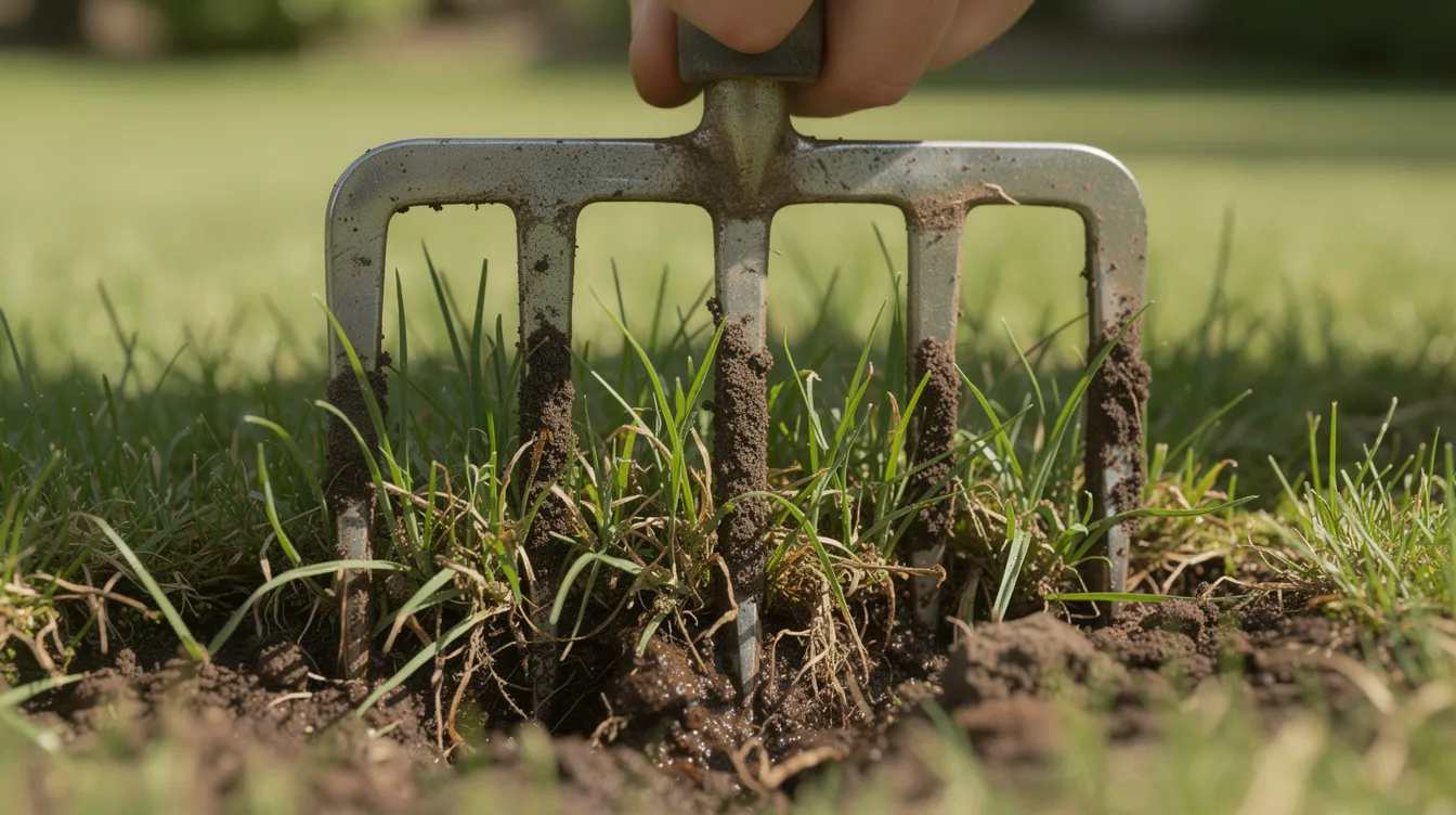 A close-up image shows a garden fork being pushed into the soil of a lawn, illustrating the process of aeration to promote healthy grass growth. This technique is essential in lawn care, helping to improve drainage and enhance the overall health of the soil for a luscious green lawn.
