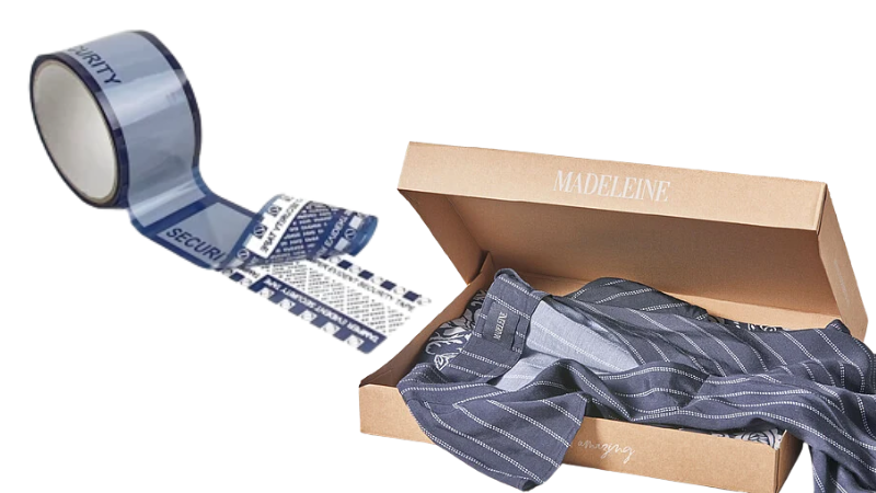 Packaging security showcased with labeled security tape and folded clothing box