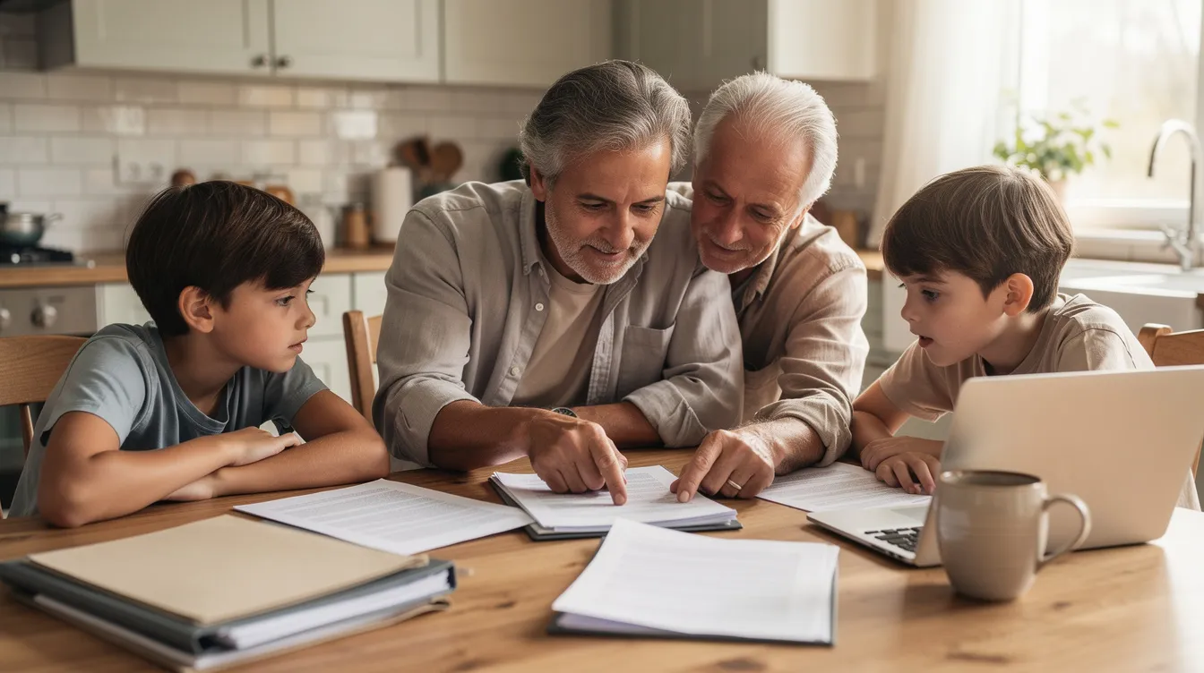 A family is gathered around a kitchen table, reviewing important documents related to their inherited retirement accounts. They appear to be discussing the tax implications and distribution rules for inherited IRA assets, ensuring they understand the required minimum distributions and beneficiary designations.