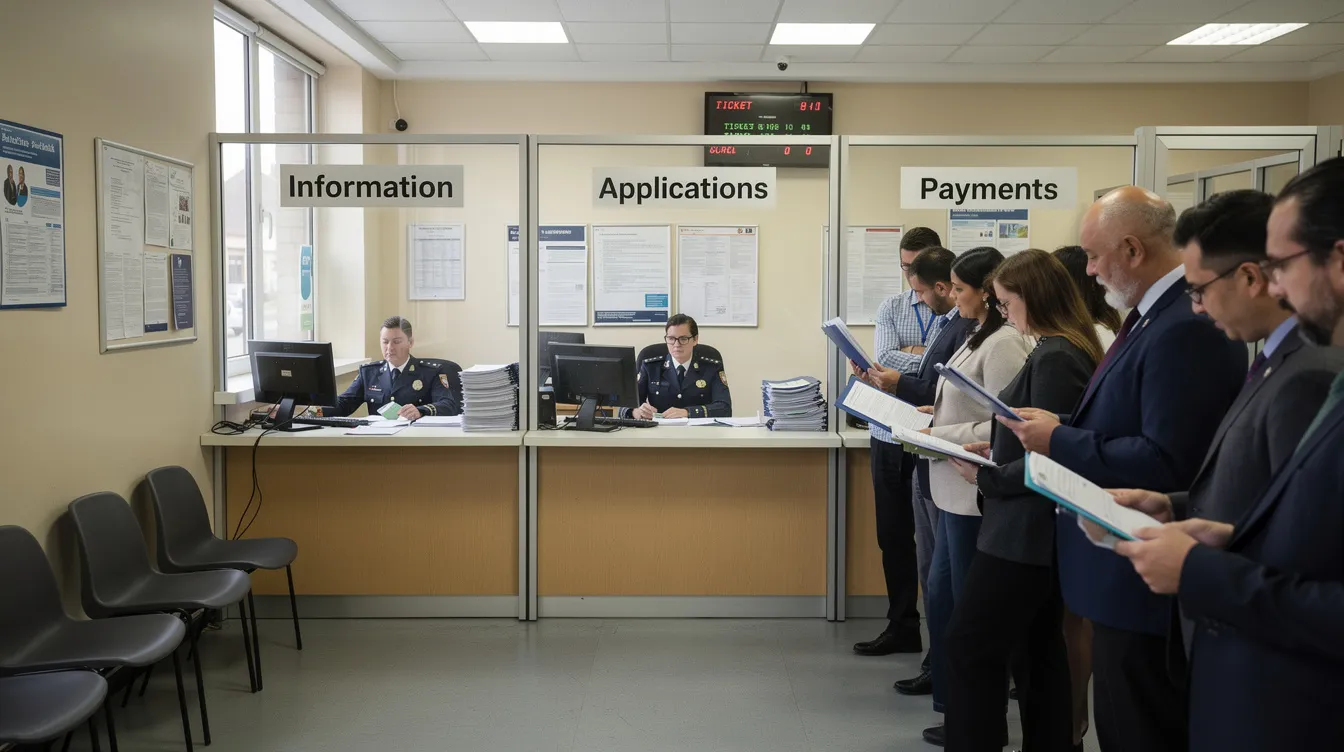 The image shows a diverse group of individuals standing in a queue at a government office, where officials are processing paperwork for financial assistance and other social welfare services. Various service counters can be seen, indicating the support available for people, including those applying for a disability certificate or the himmat card program.
