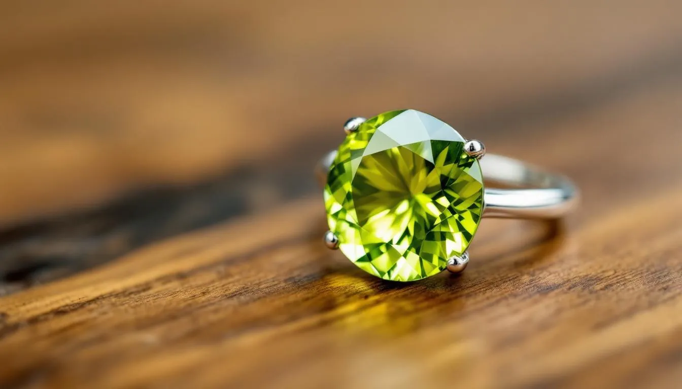 The image depicts a vibrant peridot gemstone, believed to enhance willpower and attract wealth, sitting atop a bed of soft, calming rose quartz crystals. This lucky gemstone is often associated with positive energy and financial success, making it a popular choice for those seeking good fortune.