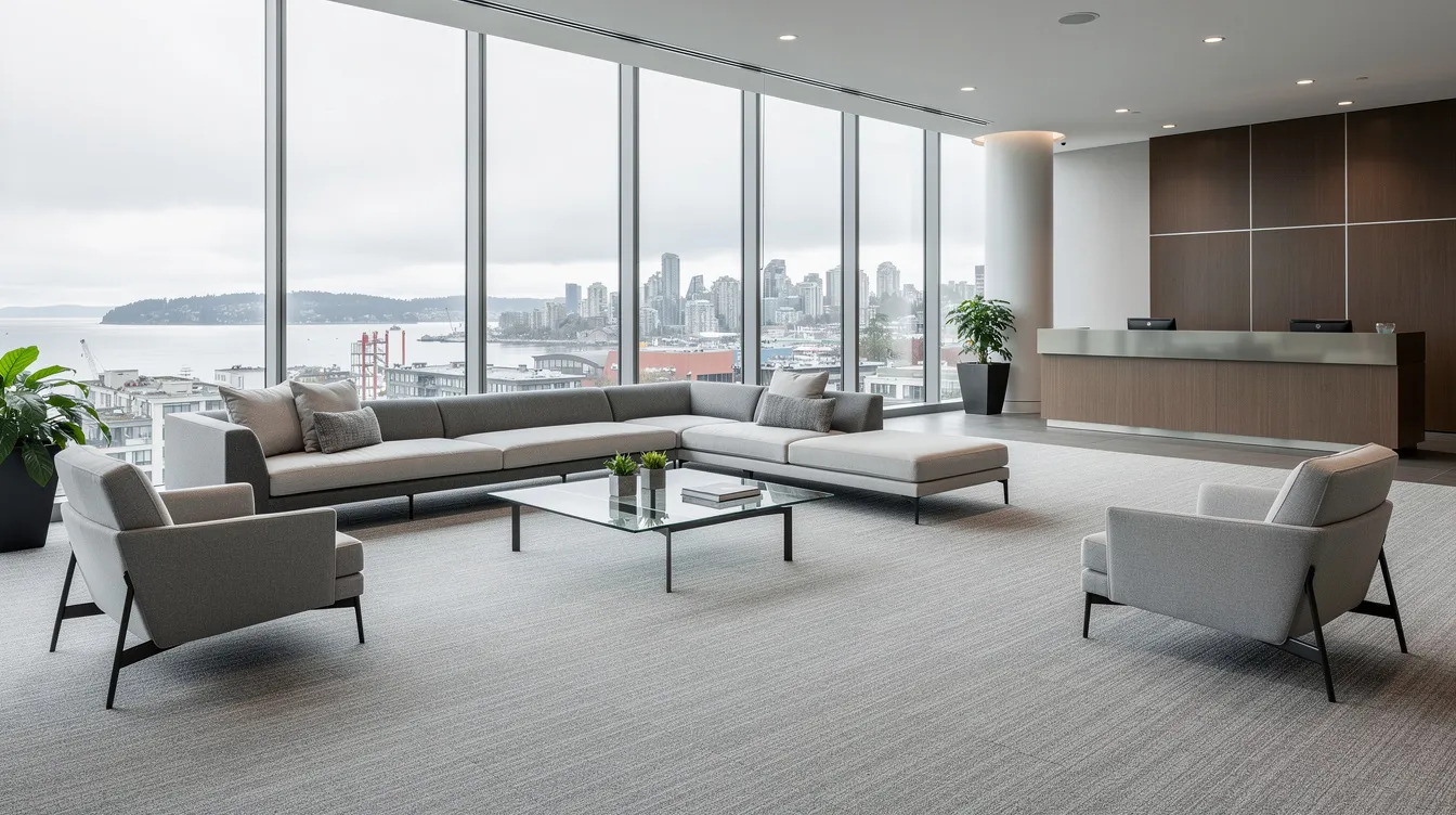 The image depicts a modern office lobby in Vancouver, featuring a clean carpet and a professional arrangement of furniture. The well-maintained carpet enhances the indoor air quality, showcasing the importance of carpet cleaning services in creating a welcoming environment.