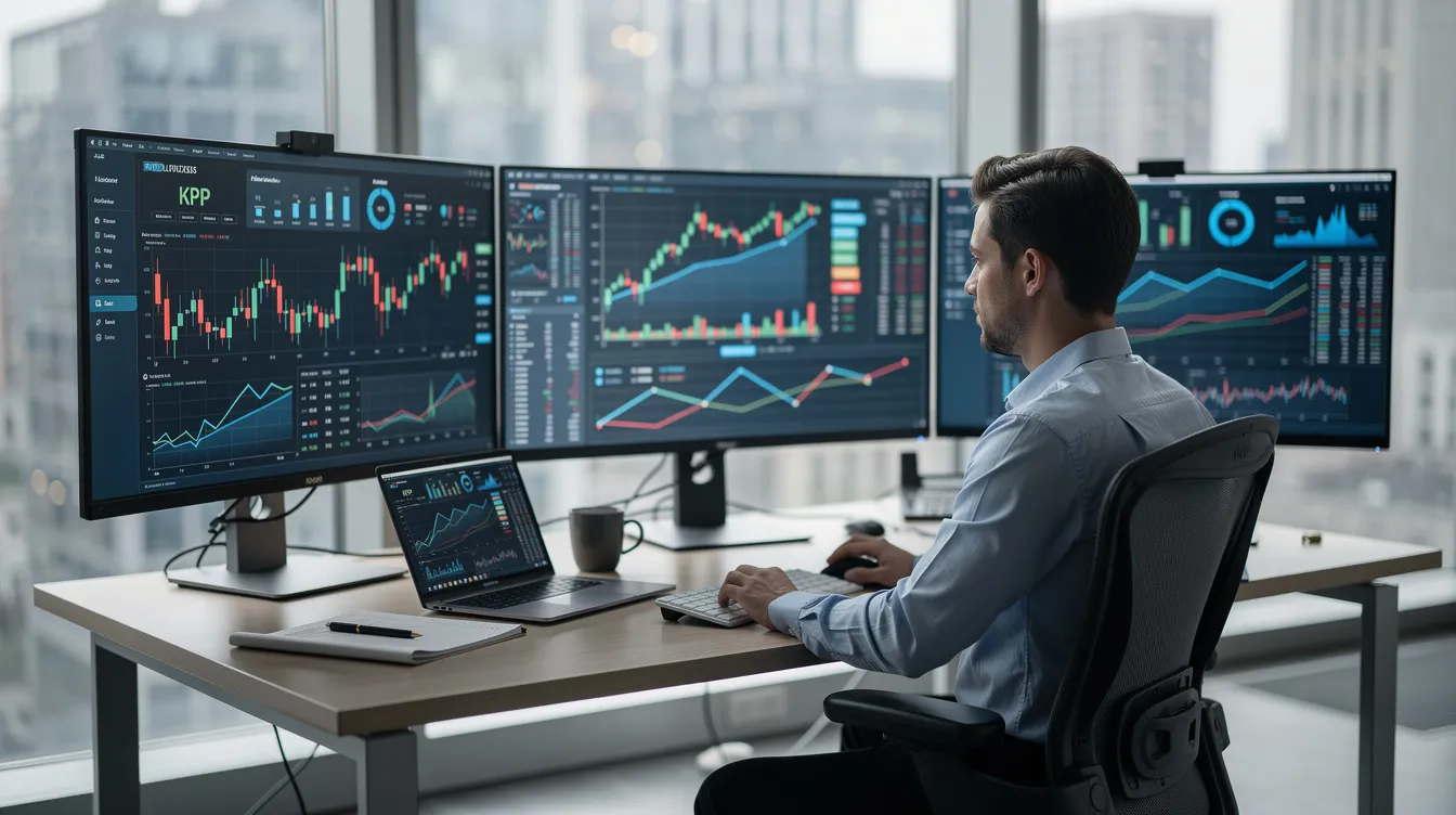 The image shows a professional analyst focused on their work at a desk, surrounded by multiple computer monitors that display various charts and data dashboards. This setup highlights the importance of managing multiple presentations and accessing presentation displays for effective data analysis.