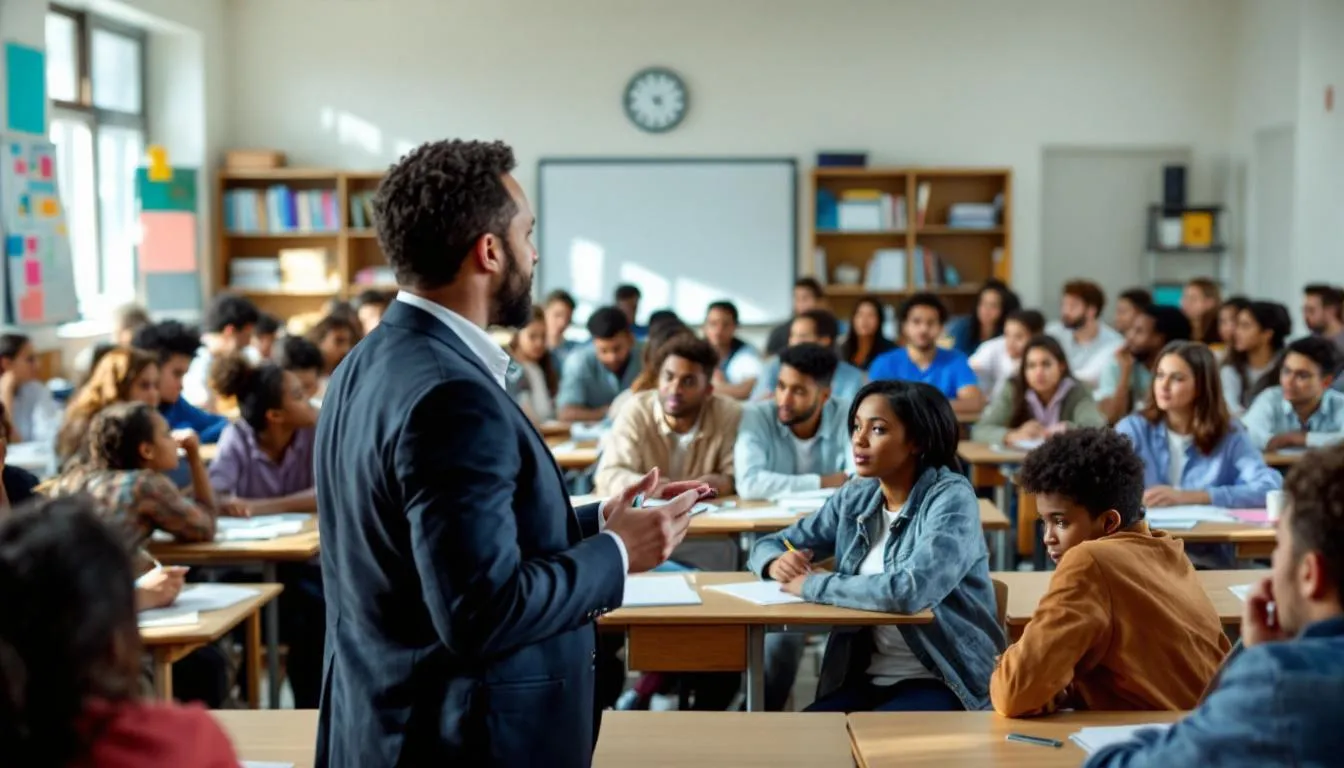 The image depicts a US English teacher engaging with students in a vibrant classroom setting, utilizing innovative teaching methods to promote language learning and fluency. The teacher is actively involved in lesson planning and fostering an inclusive atmosphere that encourages student engagement and cultural understanding.
