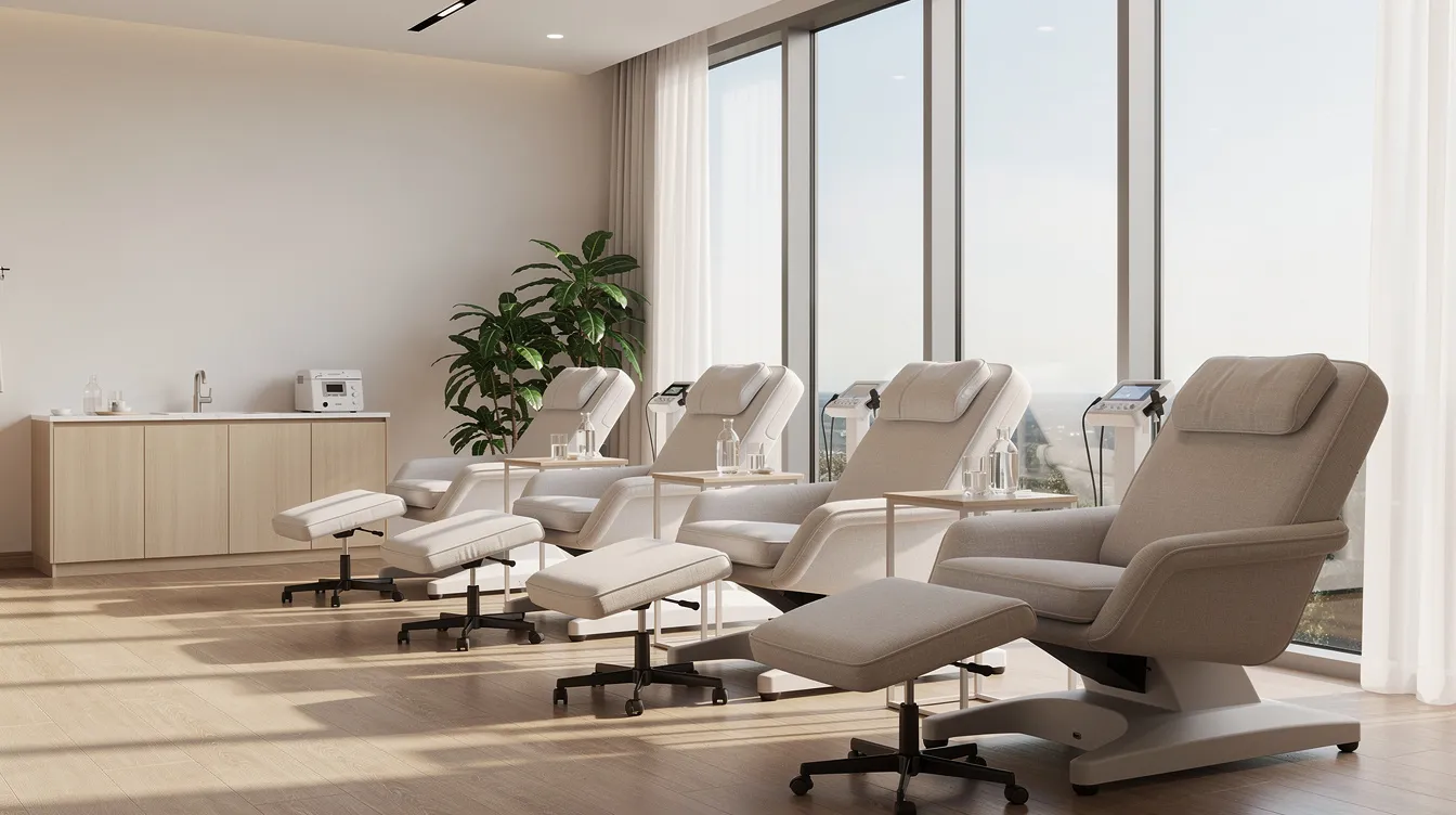 The image depicts a clinical wellness setting featuring comfortable treatment chairs bathed in natural light, creating a serene atmosphere conducive to overall health and relaxation. This space is ideal for therapies like NAD IV therapy, which supports cellular health and energy production, promoting mental clarity and healthy aging.