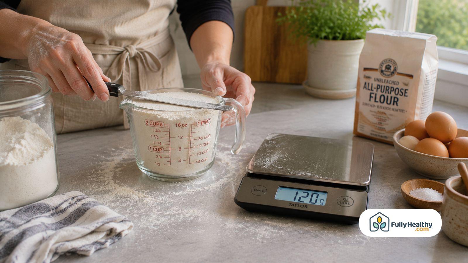 Hand leveling flour in measuring cup beside baking kitchen tools