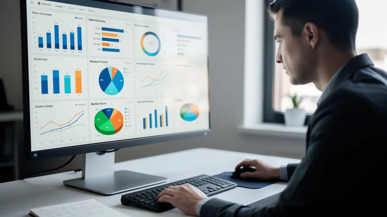 A person is intently analyzing colorful charts and graphs displayed on a screen, which likely represent key performance indicators and data processing metrics. This activity suggests a focus on optimizing workflows and improving productivity through the use of automation tools in business processes.