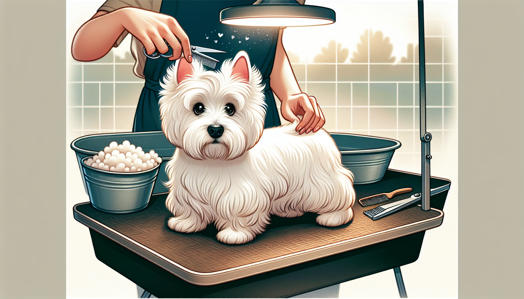 Illustration of a West Highland White Terrier being groomed