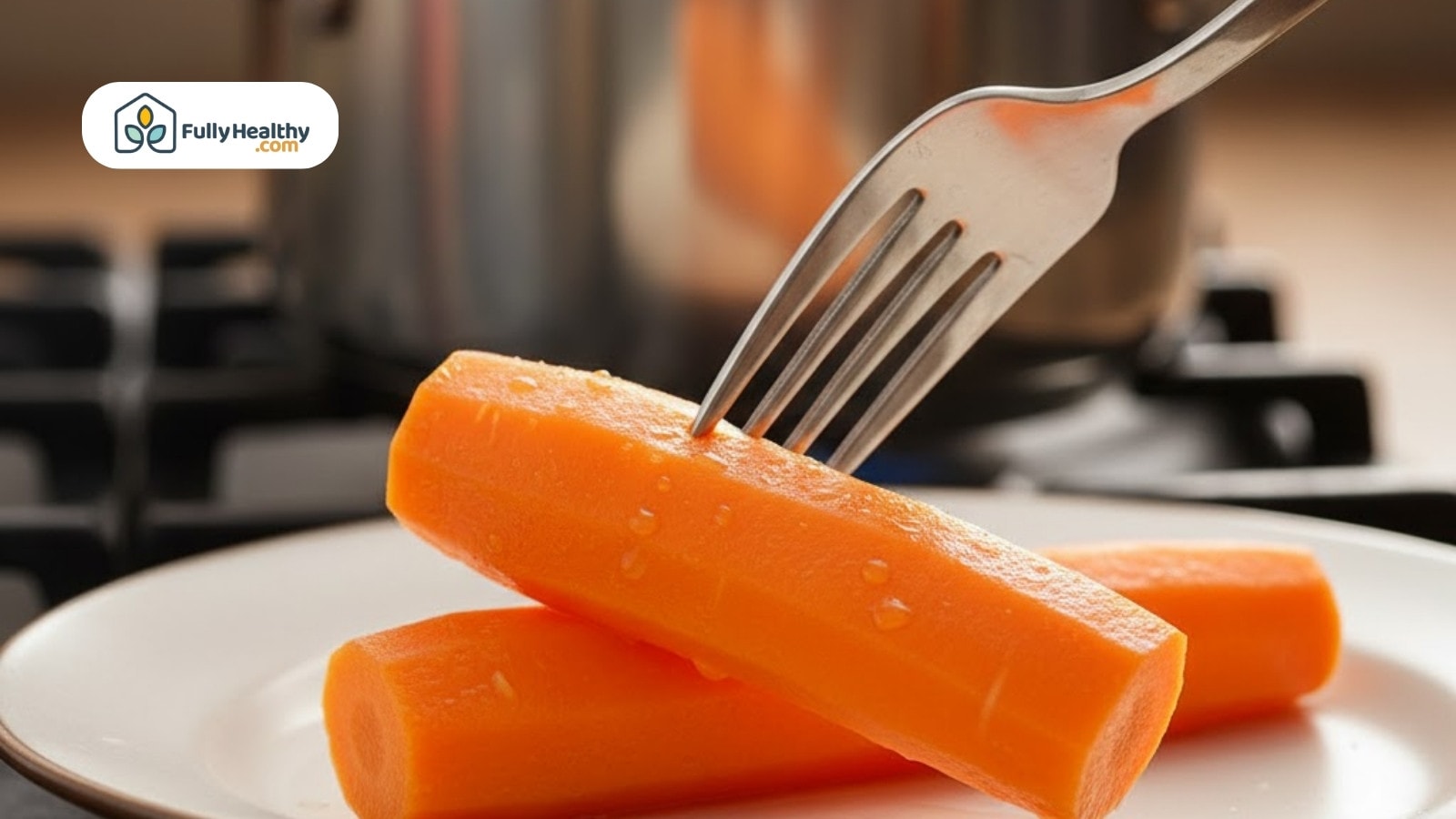 Fork testing tenderness of cooked carrot pieces on white plate