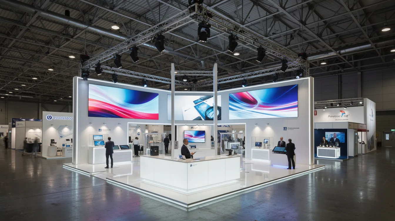 The image depicts a professional trade show booth featuring large LED video walls and accent lighting, set within a spacious convention center with high ceilings. This vibrant setup is designed to engage audiences and showcase innovative solutions, attracting attention on a crowded show floor.