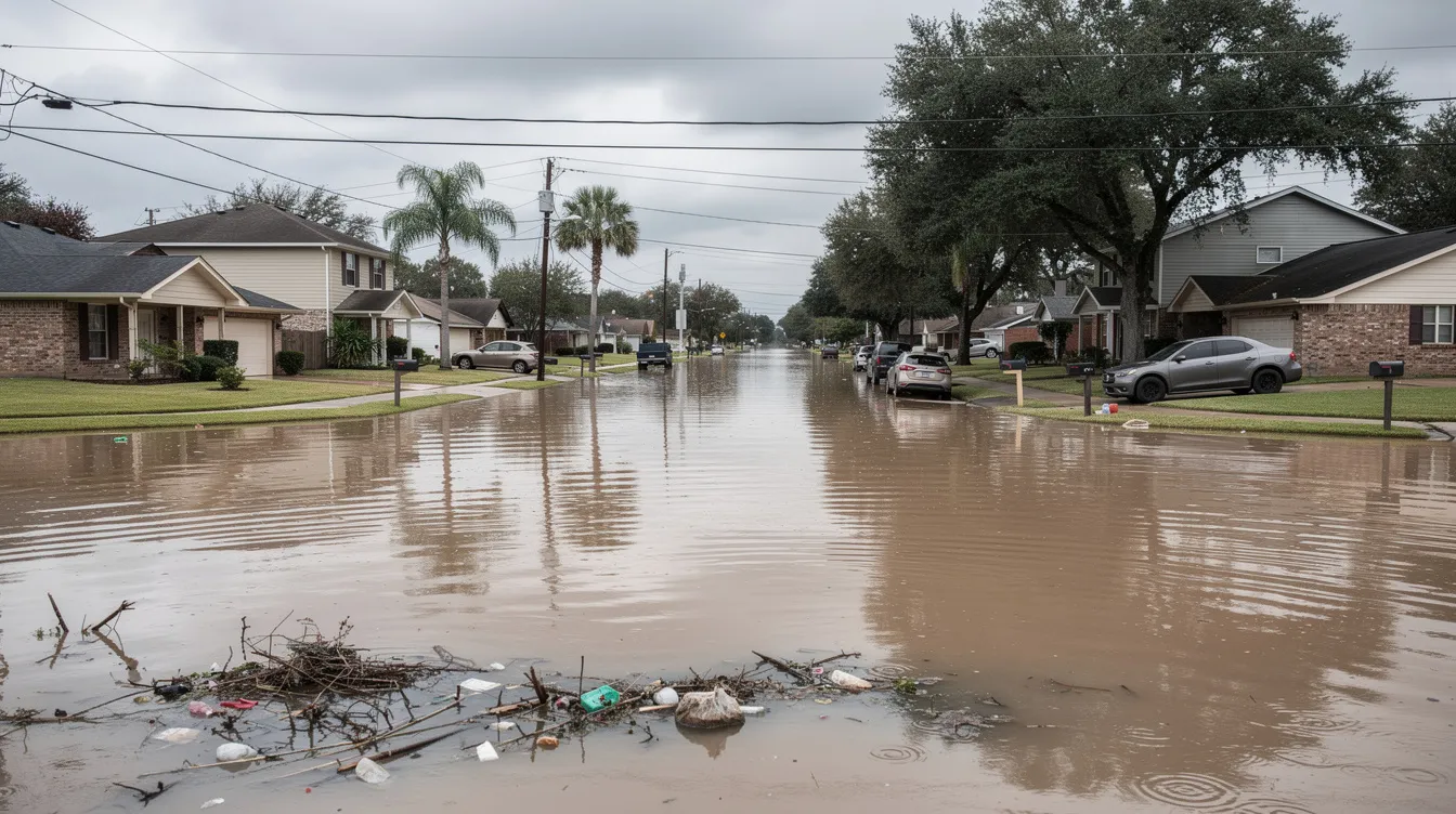A flooded residential street in Houston shows water levels reaching the front porches of homes, highlighting the severe storm damage caused by heavy rainfall. Residents in affected areas face challenges such as standing water, which can lead to mold growth and structural damage if not addressed quickly.